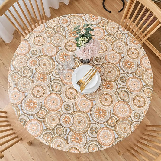 LIBERECOO Round Fitted Tablecloth with Elastic, Flannel Backed Vinyl Tablecloths for 40" - 44" Tables, Waterproof Wipeable Reusable Plastic Table Cloth for Indoor & Outdoor, Boho Sunburst Medallion
