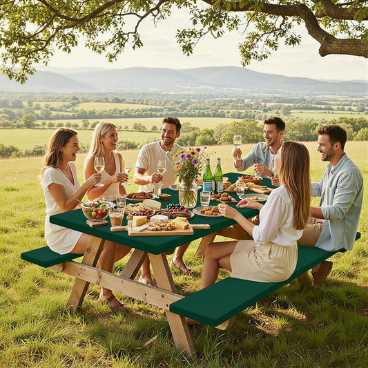 Smiry Picnic Table Cover with Bench Covers, Waterproof Elastic Fitted Polyester Tablecloths for 8 Ft Rectangle Tables, Washable Windproof Tablecloth for Camping, Outdoor (Hunter Green, 30x96 Inches)