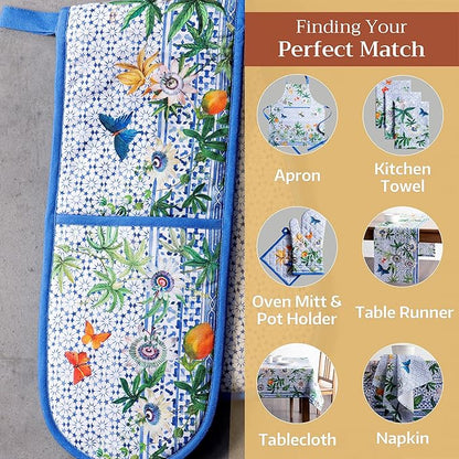 Maison d' Hermine Double Oven Mitts 100% Cotton 7"x35" Double Oven Mitt Heat Resistant BBQ Cooking Gloves with Loop Baking Grilling Kitchen Hotel Home Farmhouse Spring Summer (Passiflora)