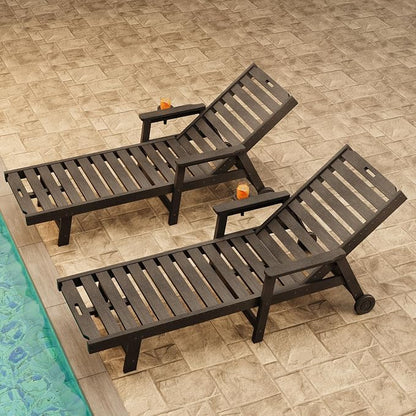 Garvee Lounge Chair Outdoor Set of 2 with Wheels & 5-Position Adjustable Backrest, Oversized Chaise Lounge with 2 Move Handle, HDPE Lounge Chair w/Detachable Cup Holder, for Patio, Pool,Dark Gray