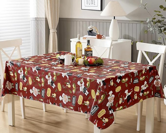 Newbridge 60 x 120 Inch Rectangle Vinyl Tablecloth with Flannel Backing, Italian Red Bistro Chef, Novelty Chef Indoor Outdoor Waterproof Table Cover for Picnic, Barbecue, Patio and Kitchen Dining