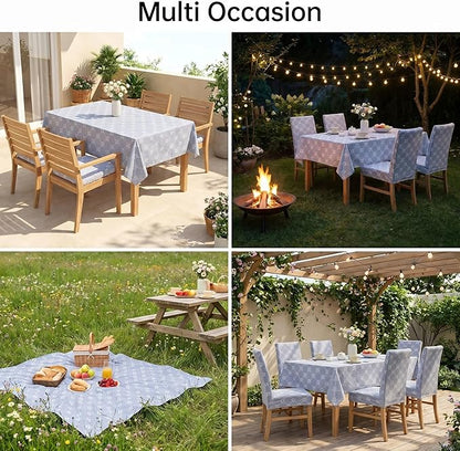 7 Pcs Gray Floral Tablecloth and Chair Covers Set Waterproof Vintage Farmhouse Rectangular Table Cover with Stretch Chair Slipcovers for Dining Room Patio Parties