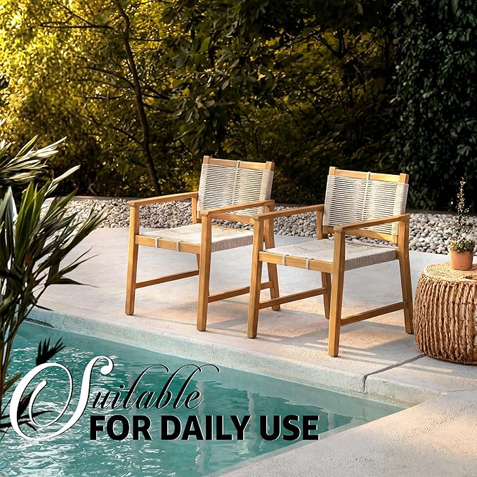Heritage Woven Rope Eucalyptus Wood Armchair, Set of 2 Oversized Wide Backrest for Enhanced Comfort - Handcrafted Outdoor Patio Dining Chairs, Solid Eucalyptus Boho Seating for Deck, Porch & Backyard