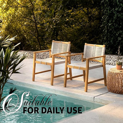 Heritage Woven Rope Eucalyptus Wood Armchair, Set of 2 Oversized Wide Backrest for Enhanced Comfort - Handcrafted Outdoor Patio Dining Chairs, Solid Eucalyptus Boho Seating for Deck, Porch & Backyard