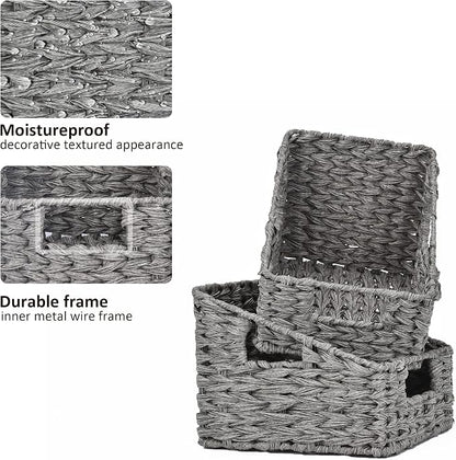 GRANNY SAYS Wicker Basket with Handles, Odorless Woven Trapezoid Basket Waterproof for Organizing, Decorative Storage Wicker Baskets for Storage Photo Books, Gray, 2-Pack