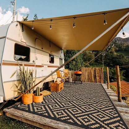 GENIMO Outdoor Rug, Waterproof Plastic Rugs 8'x16' for Camping Black Brown | Outside Larger Modern Carpet Mat for Patio Decor, RV, Porch, Camper, Deck, Picnic, Beach, Backyard, Reversible, Foldable