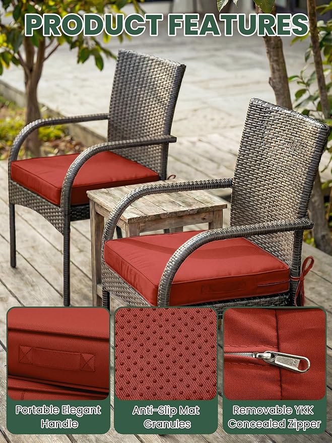 Outdoor Chair Cushion 17 x 16 x 3 Inches Patio Furniture Outdoor Waterproof Seat Cushion, Patio Chair Cushion with Handles and Ties, Square Dining Chair Cushion Set of 2, Terra Red