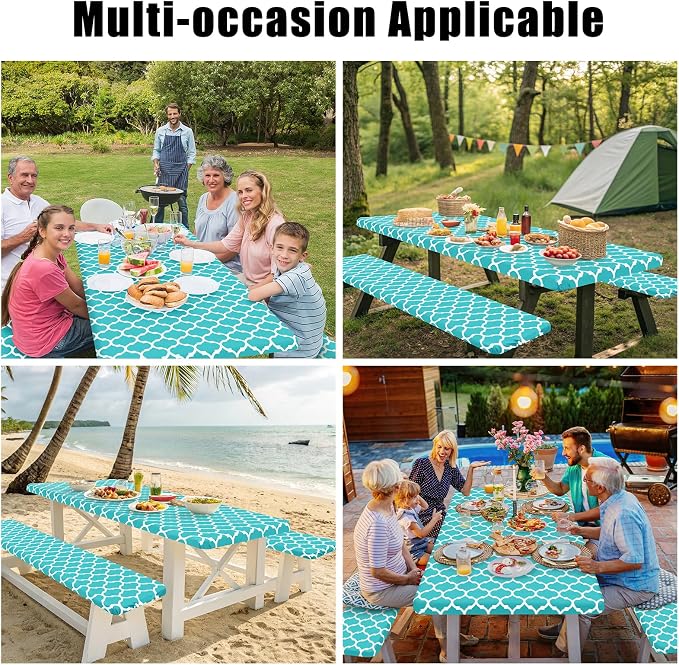 Smiry Picnic Table Cover with Bench Covers, Waterproof Elastic Fitted Tablecloth for 5 Foot Tables, Washable Polyester Tablecloths for Camping, Indoor & Outdoor (Teal, 30x60 Inch 3-pc Set)