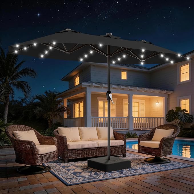 AreShark 15FT Patio Umbrella with Solar Lights, Double Sided Outdoor Table Umbrellas with Crank, Large Rectangular Market Umbrella for Porch, Lawn, Pool, Backyard, Dark Black