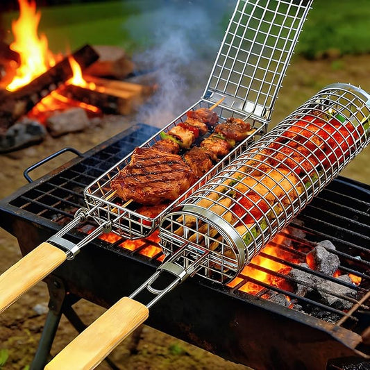 2 Pcs Rolling Grill Baskets for Outdoor Grill Accessories, BBQ Grilling Basket for Vegetables Shrimp Kebob, Thickened Stainless Steel Mesh, Split-Body Design, Perfect Grill Gift for Men, Dad, Husband