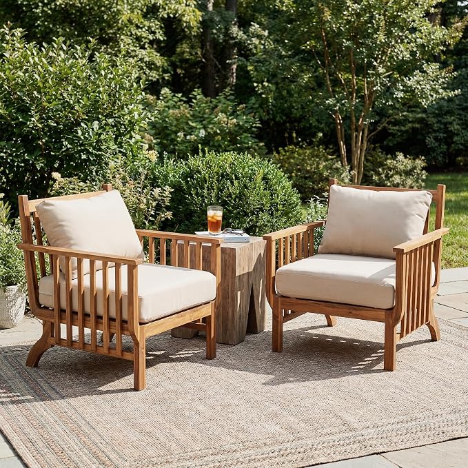 Christopher Knight Home Acacia Wood Outdoor Patio Club Chair Set of 2, Mid Century Modern Deep Seating Lounge Chairs with Armrests, Cushions & Back Pillows for Porch Balcony Backyard, Natural+Beige
