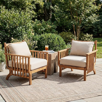 Christopher Knight Home Acacia Wood Outdoor Patio Club Chair Set of 2, Mid Century Modern Deep Seating Lounge Chairs with Armrests, Cushions & Back Pillows for Porch Balcony Backyard, Natural+Beige