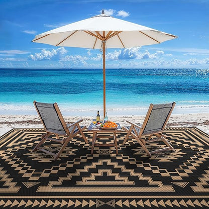 GENIMO Outdoor Rug, Waterproof Plastic Rugs for Patio, 10'x14' Dark Brown | Outside Larger Modern Carpet Mat for Patio Decor, RV, Porch, Camper, Deck, Picnic, Beach, Backyard, Reversible, Foldable