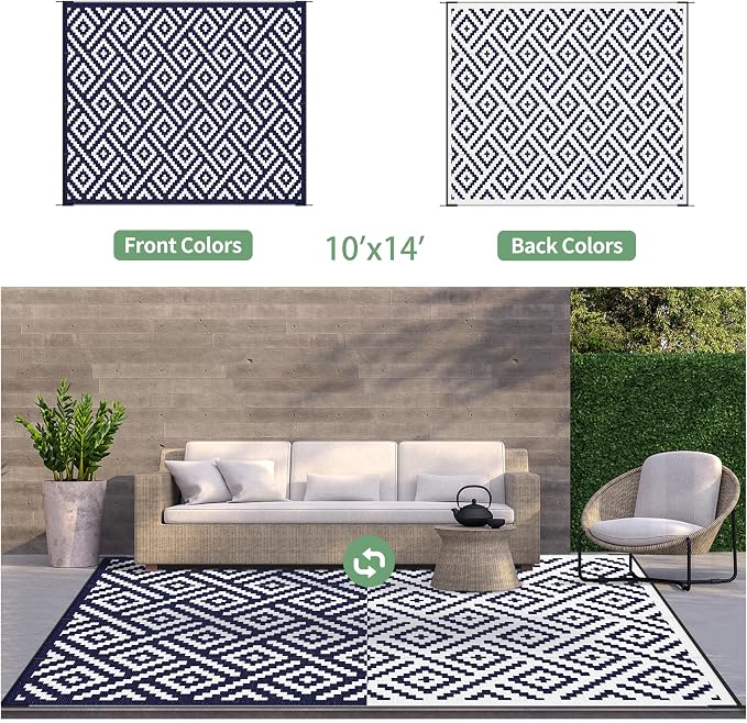 GENIMO Outdoor Rug, Waterproof Plastic Rugs 10'x14' for Camping Blue White | Outside Larger Modern Carpet Mat for Patio Decor, RV, Porch, Camper, Deck, Picnic, Beach, Backyard, Reversible, Foldable