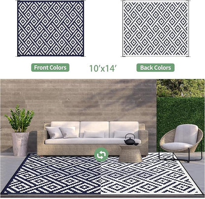 GENIMO Outdoor Rug, Waterproof Plastic Rugs 10'x14' for Camping Blue White | Outside Larger Modern Carpet Mat for Patio Decor, RV, Porch, Camper, Deck, Picnic, Beach, Backyard, Reversible, Foldable