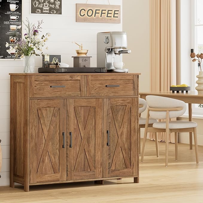 Homhedy Coffee Bar Storage Cabinet with Drawers, Kitchen Buffet Cabinet | Sideboard Cabinet with Doors, Farmhouse Buffet Cabinet, Adjustable Shelves, for Kitchen / Dining / Living Room, Rustic Walnut