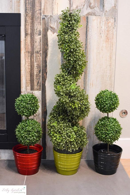 Admired By Nature 36" Artificial Boxwood Spiral Topiary Tree in Plastic Plant Pot - For Home Decor, Indoor, Outdoor, Crafts, Offices - Set of 2, Green