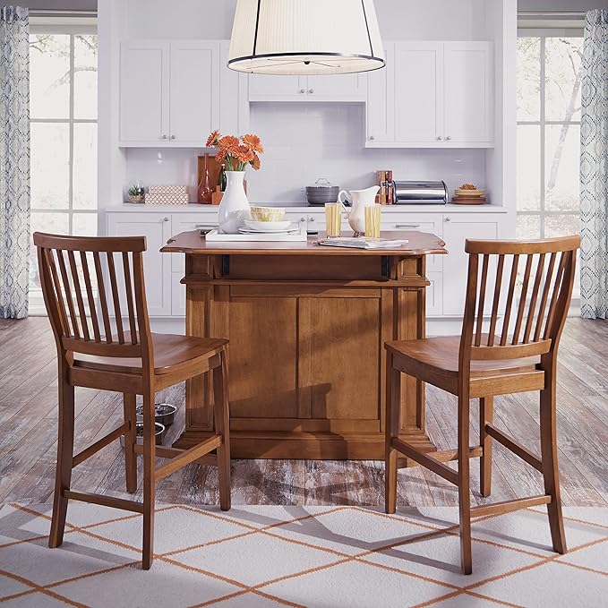 Homestyles Americana Cottage Oak 3-Piece Kitchen Island Set with Hardwood Drop Leaf Top and Two Counter Stools
