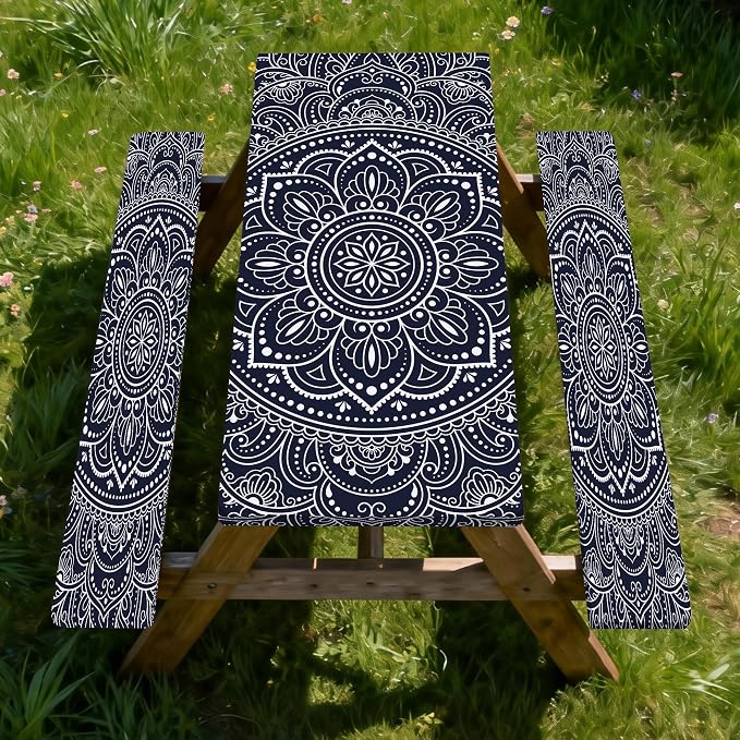 Picnic Table Cover with Bench Covers 6FT 3PCS, Camping Essentials, Rectangle Fitted Camping Tablecloth Waterproof with Elastic Edge for Indoor Outdoor Patio, 60in, Black and White