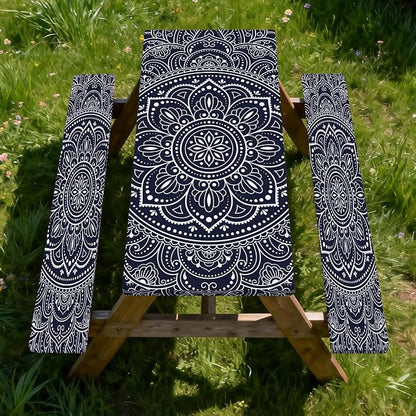 Picnic Table Cover with Bench Covers 6FT 3PCS, Camping Essentials, Rectangle Fitted Camping Tablecloth Waterproof with Elastic Edge for Indoor Outdoor Patio, 60in, Black and White