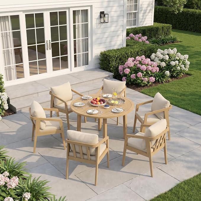 FansaFurn 7 Pieces Acacia Outdoor Patio Table and Chairs Set for All-Weather, Outside Furniture with Table Umbrella Hole and Removable Cushion for 6, Backyard Furniture Set for Patio, Garden, Beige