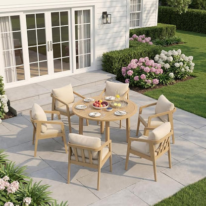 FansaFurn 7 Pieces Acacia Outdoor Patio Table and Chairs Set for All-Weather, Outside Furniture with Table Umbrella Hole and Removable Cushion for 6, Backyard Furniture Set for Patio, Garden, Beige