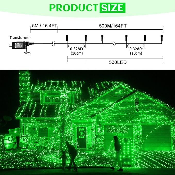 kemooie 500 LED Green St. Patrick's Day Lights, 164 FT Waterproof Fairy String Lights with 8 Modes & Memory Function, Plug in Outdoor String Light for Xmas Garden Balcony St. Patrick's Day Decor