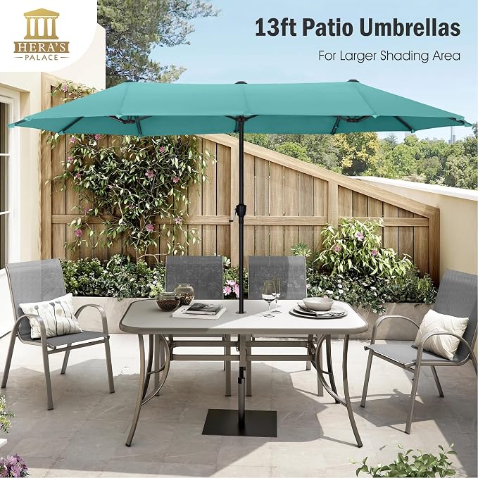 HERA'S PALACE 13 ft Large Double-Sided Twin Patio Umbrella, Outdoor Market Umbrella with Crank Handle, Powerful UV Protective, Turquoise