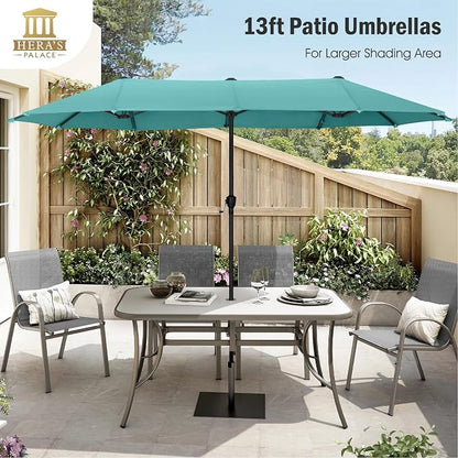 HERA'S PALACE 13 ft Large Double-Sided Twin Patio Umbrella, Outdoor Market Umbrella with Crank Handle, Powerful UV Protective, Turquoise