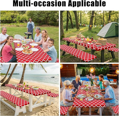 Smiry Picnic Table Cover with Bench Covers, Waterproof Elastic Fitted Tablecloth for 6 Foot Tables, Washable Polyester Tablecloths for Camping, Indoor & Outdoor (Red, 30x72 Inch 3-pc Set)