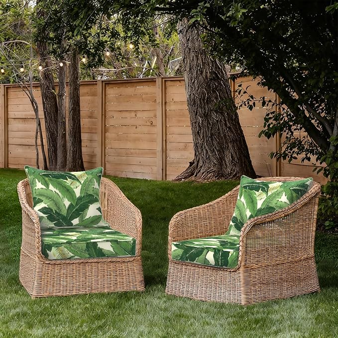 DYTXIII Outdoor Deep Seat Cushion Set, Water Repellent 24"x24" Patio Thick Cushions Replacement with Seat & Back Pillow for Patio Sofa, Wicker Chair, Couch - Swaying Palms Green