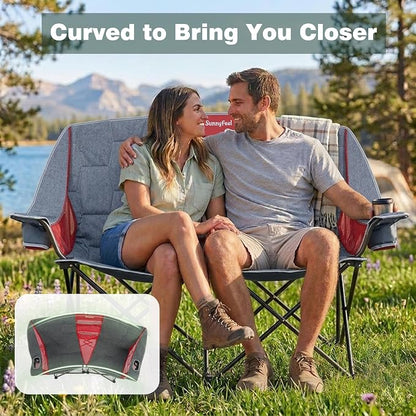 SUNNYFEEL Folding Double Camping Chair Oversized Loveseat for Adults | 600LBS Heavy Duty Padded Camping Couch with Cup Holder, Storage Pockets & Carry Bag for Patio RV/ Lawn/ Backyard