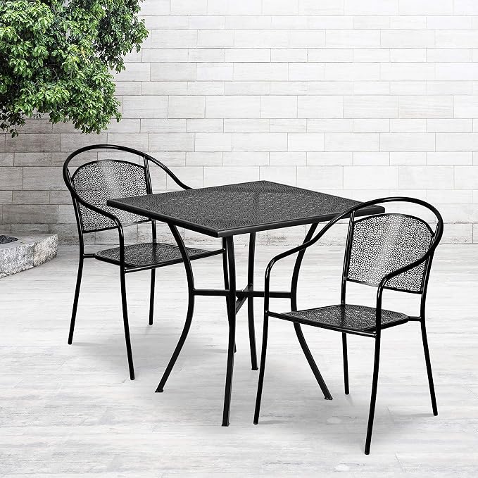 Flash Furniture 28" Square Patio Table Set with 2 Round Back Chairs, Black | Commercial Grade, Indoor/Outdoor, Steel Frame, Resists UV Fading