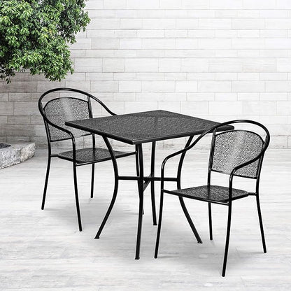 Flash Furniture 28" Square Patio Table Set with 2 Round Back Chairs, Black | Commercial Grade, Indoor/Outdoor, Steel Frame, Resists UV Fading