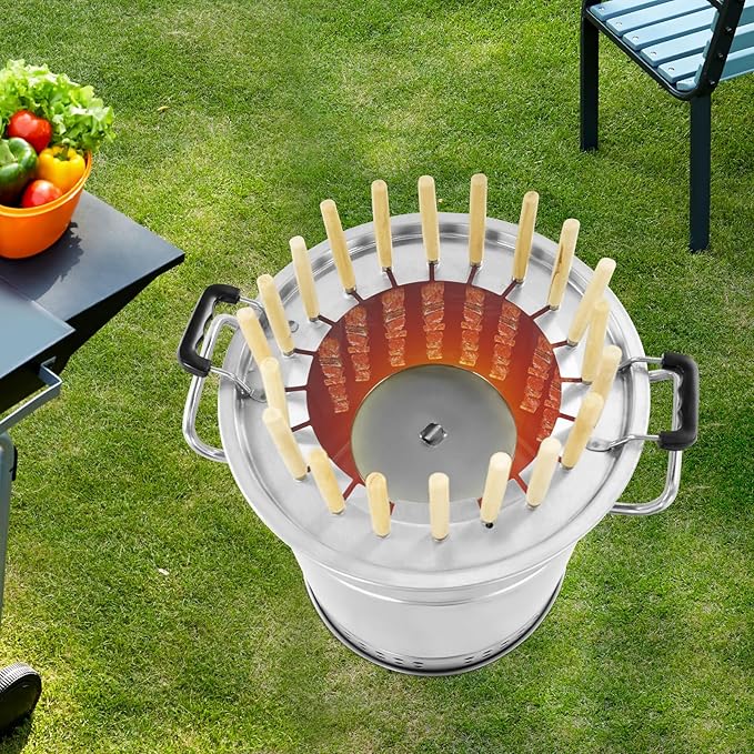 Surround Charcoal Grill, 2-In-1 Stainless Steel Smokeless Barbecue Hanging Grill with 20 Skewers, for Camping, Picnics, Parties, Beaches (Within 6 People)