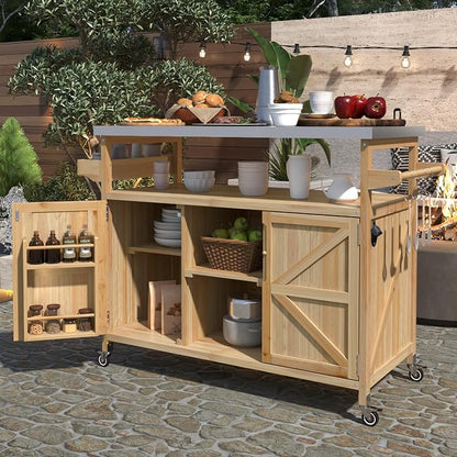 Outdoor Kitchen Island, Rolling Bar Cart & Storage Cabinet, Farmhouse Solid Wood Outdoor Grill Table with Stainless Steel Top, Spice Rack, Towel Rack for Kitchen & Barbecue, Natural