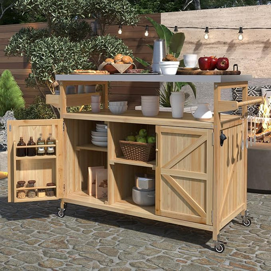 Outdoor Kitchen Island, Rolling Bar Cart & Storage Cabinet, Farmhouse Solid Wood Outdoor Grill Table with Stainless Steel Top, Spice Rack, Towel Rack for Kitchen & Barbecue, Natural