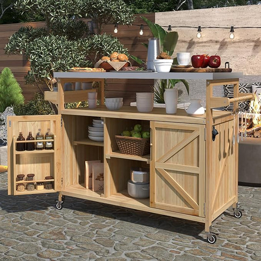50.25" W Grill Cart with Stainless Steel Tabletop - Outdoor Storage Cabinet for BBQ, Bar Patio Kitchen Island with Ample Storage and Lockable Wheels