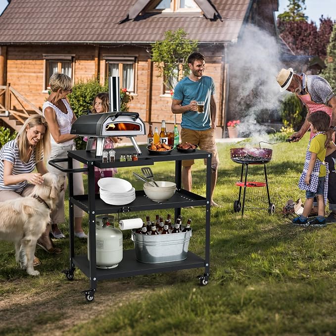 Grill Cart Table Indoor & Outdoor with 4 Lockable Casters, Hooks & Side Handle, Multifunctional Pizza Oven Stand for Patio Kitchen