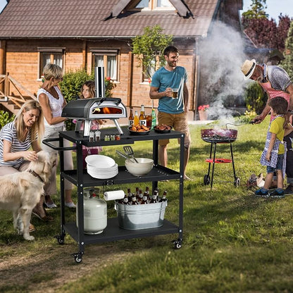 Grill Cart Table Indoor & Outdoor with 4 Lockable Casters, Hooks & Side Handle, Multifunctional Pizza Oven Stand for Patio Kitchen
