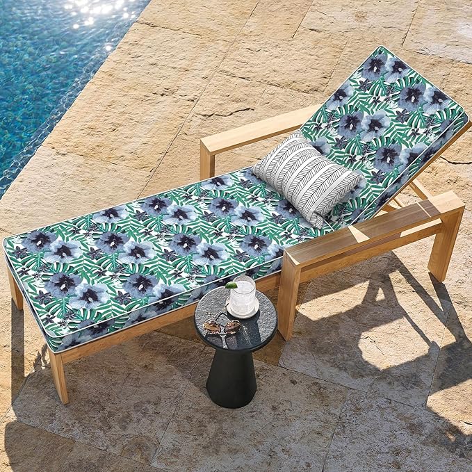 LVTXIII Outdoor Chaise Lounge Cushion 72x21x3 Inch, Water-Repellent Patio Seat Cushion with Ties & Hidden Zipper, Thick Foam Pad for Lawn Chair, Poolside, Patio Furniture, Blue Salmone Tropical