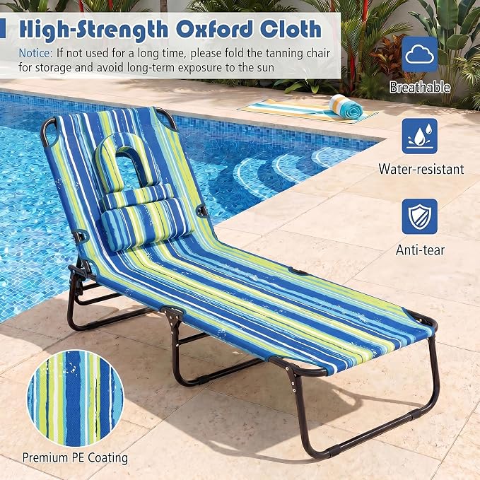 Goplus Folding Chaise Lounge Beach Chair, Face Down Tanning Chair with Face Hole Detachable Pillow, Great for Outside Pool Patio Backyard, 5-Position Adjustable (2, Blue)