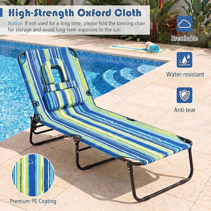 Goplus Folding Chaise Lounge Beach Chair, Face Down Tanning Chair with Face Hole Detachable Pillow, Great for Outside Pool Patio Backyard, 5-Position Adjustable (2, Blue)
