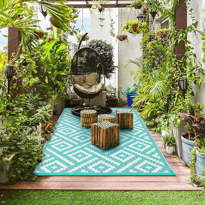 GENIMO Outdoor Rug, Waterproof Plastic Rugs for Patio, 6'x9' Mist Blue | Outside Larger Modern Carpet Mat for Porch Decor, Deck, Balcony, Camping, RV, Backyard, Picnic, Beach, Reversible, Foldable
