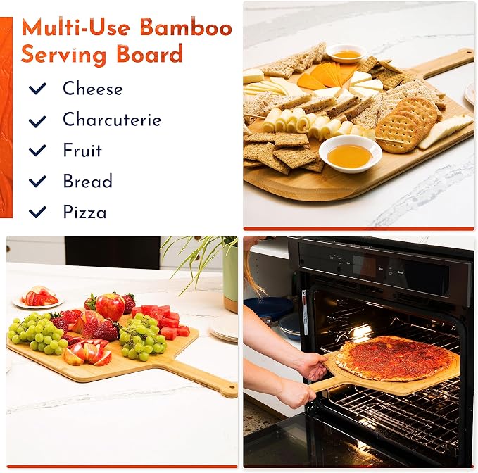 Wooden Pizza Peel 14 Inch Board with Engraved Sizes - Multi-Purpose Bamboo Pizza Cutting Board, Wood Pizza Peel, Pizza Spatula Paddle, and Serving Board with Size and Cutting Guide