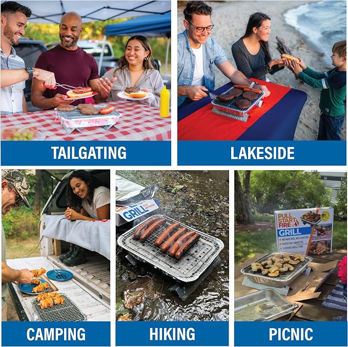 Pull Start Fire Grill, Natural Hardwood Charcoal, Portable 3hr Burn, 2 Pack | Pull Start Matchless Ignition, Ready in 5 Mins, Clean Burn, No Lighter Fluid, Disposable, Tailgate, Camping, Beach, Backyard