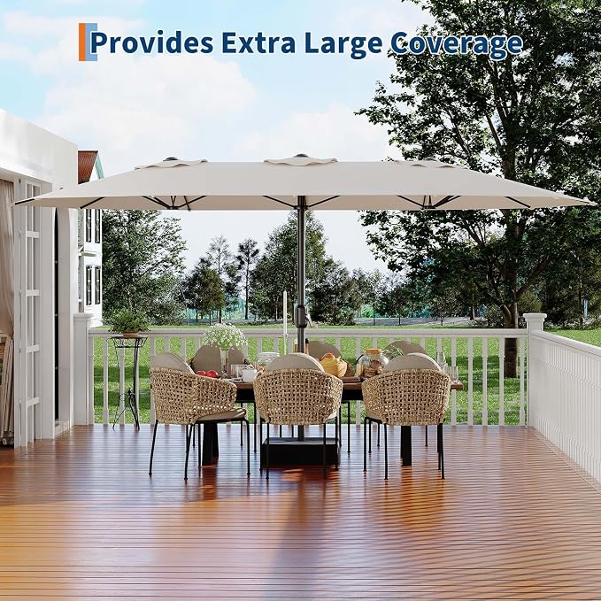 Garvee 15FT Patio Umbrella with Base Included Outdoor Umbrella, Beige | Rectangular Large Market Umbrellas with Crank Handle UV Protection Table Umbrellas for Outdoor, Backyard, Deck, Poolside