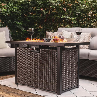 Nuu Garden Propane Fire Pit Table, CSA Certified 43 Inch 50,000 BTU Outdoor Gas Fire Pit Table with Ceramic Tabletop, 7 lbs Glass Stone and Oxford Cover, Dark Brown and Coffee