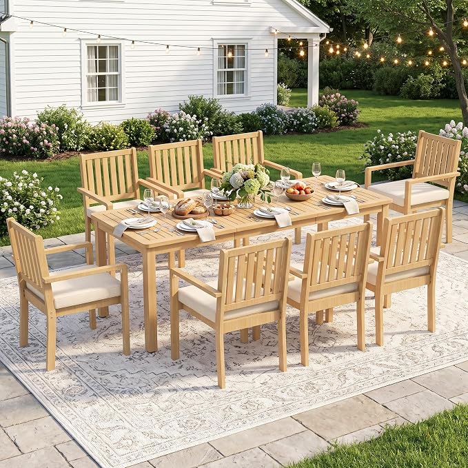 Wisteria Lane 9 Pieces Acacia Outdoor Patio Table and Chairs Set for 8, Patio Outdoor Dining Table Set with Cushion, Modern Outdoor Patio Set for Deck Lawn Backyard Garden, Brown