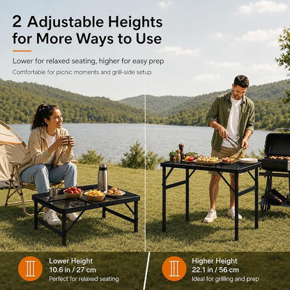 Folding Grill Table Camping Table with Mesh Desktop, Lightweight & Portable Outdoor Picnic Table, Height Adjustable Portable for Outside Inside Use